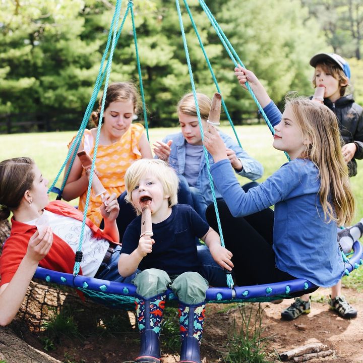 Kids piled on a backyard swing